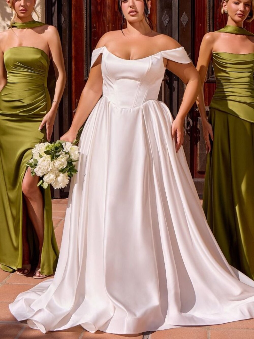 WEDDING DRESS, SATIN OFF THE SHOULDER BALL GOWN, DESTINATION ELOPEMENT GARDEN